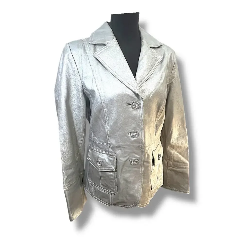 BRADLEY Elegant Silver Metallic Leather Oversize Rhinestone Buttons Jacket M
